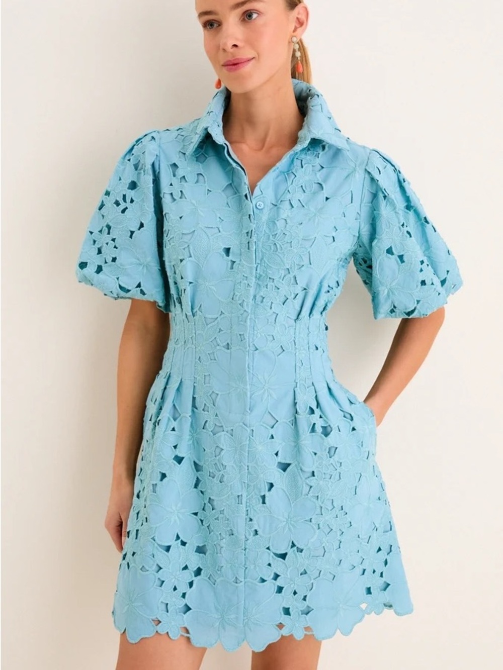 Tuckernuck Cameo Blue Collar Eyelet Mini Delaney Dress M Puff Sleeves Scallop